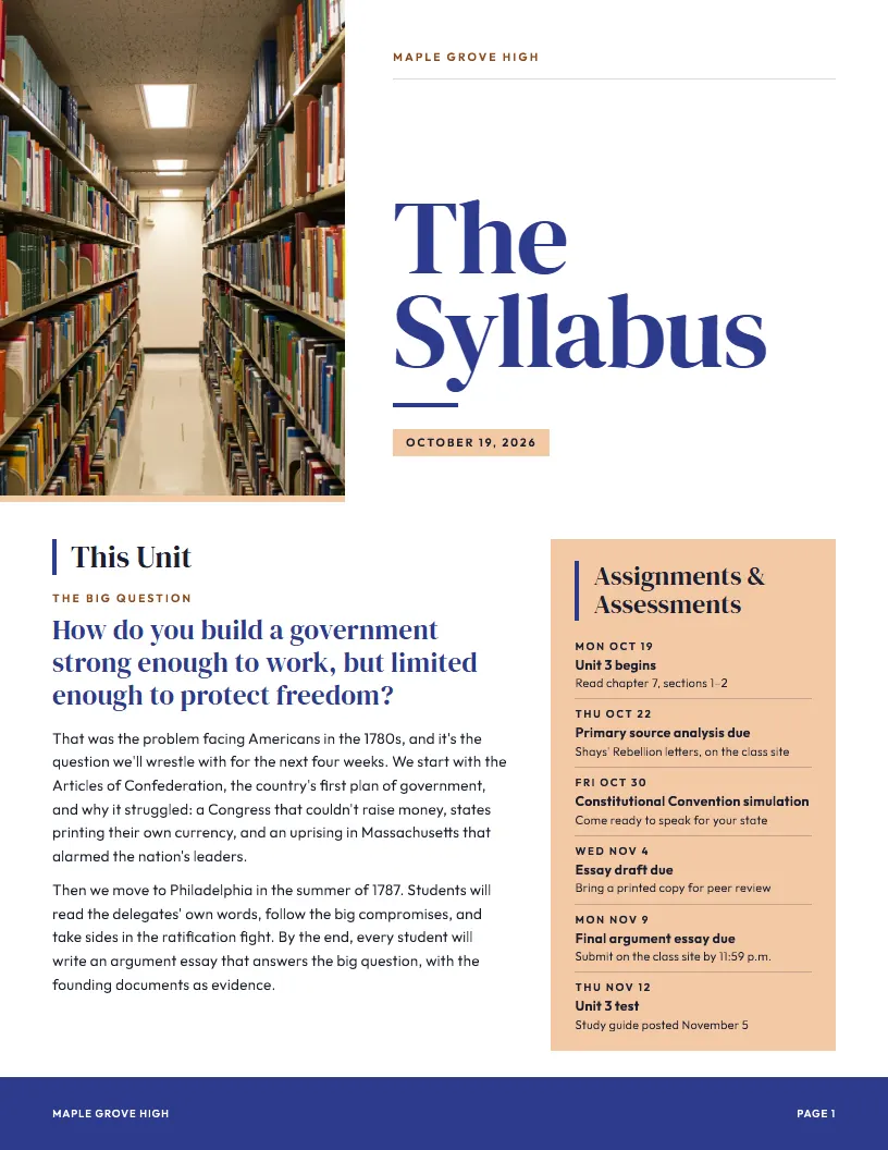 The Syllabus newsletter template, first page