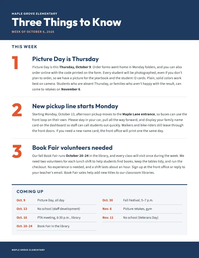 Three Things to Know newsletter template, first page