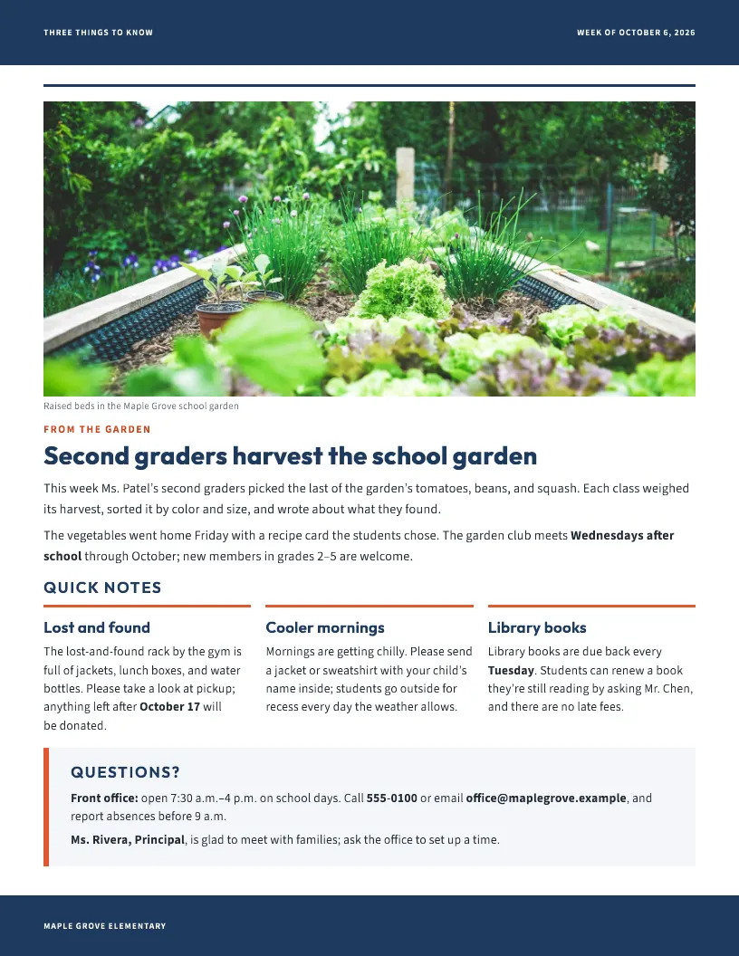 Three Things to Know newsletter template, page 2