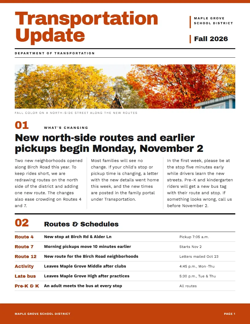 Transportation Update newsletter template, first page