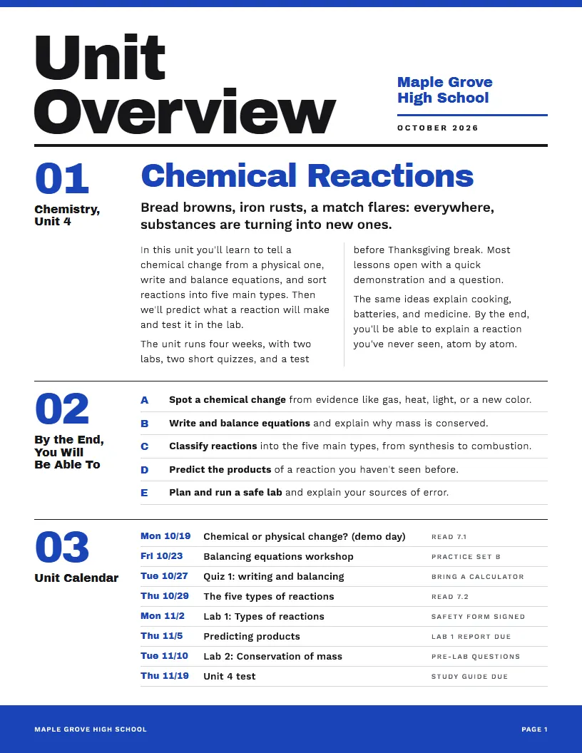 Unit Overview newsletter template, first page
