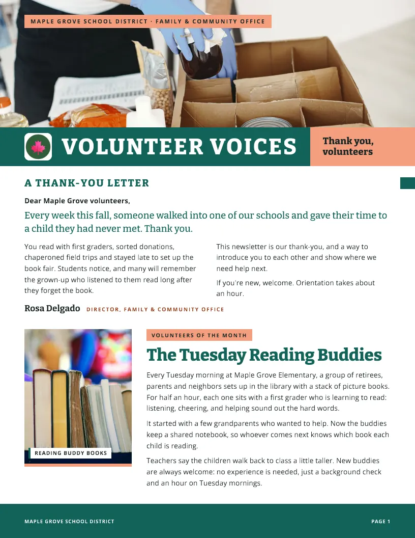 Volunteer Voices newsletter template, first page