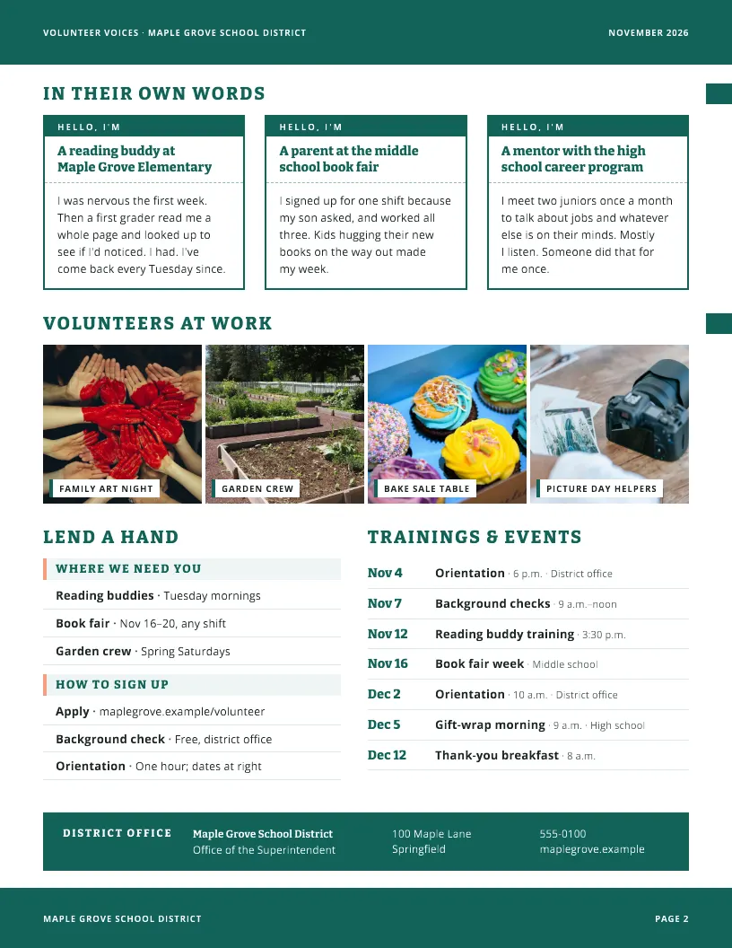 Volunteer Voices newsletter template, page 2