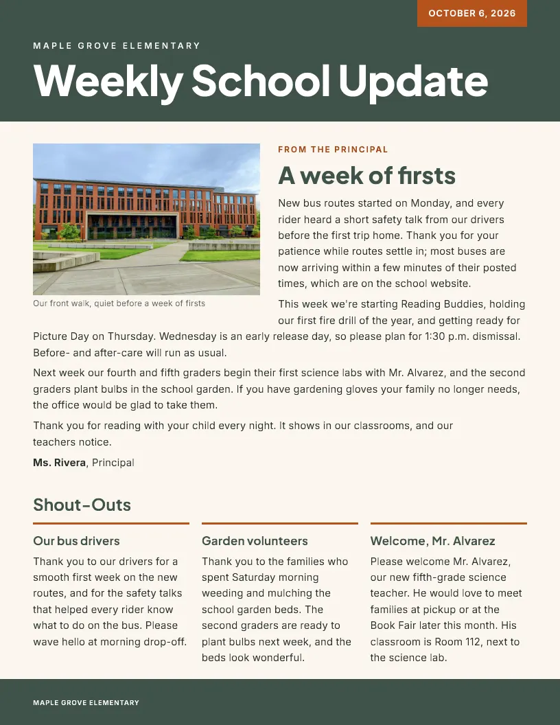 Weekly School Update newsletter template, first page