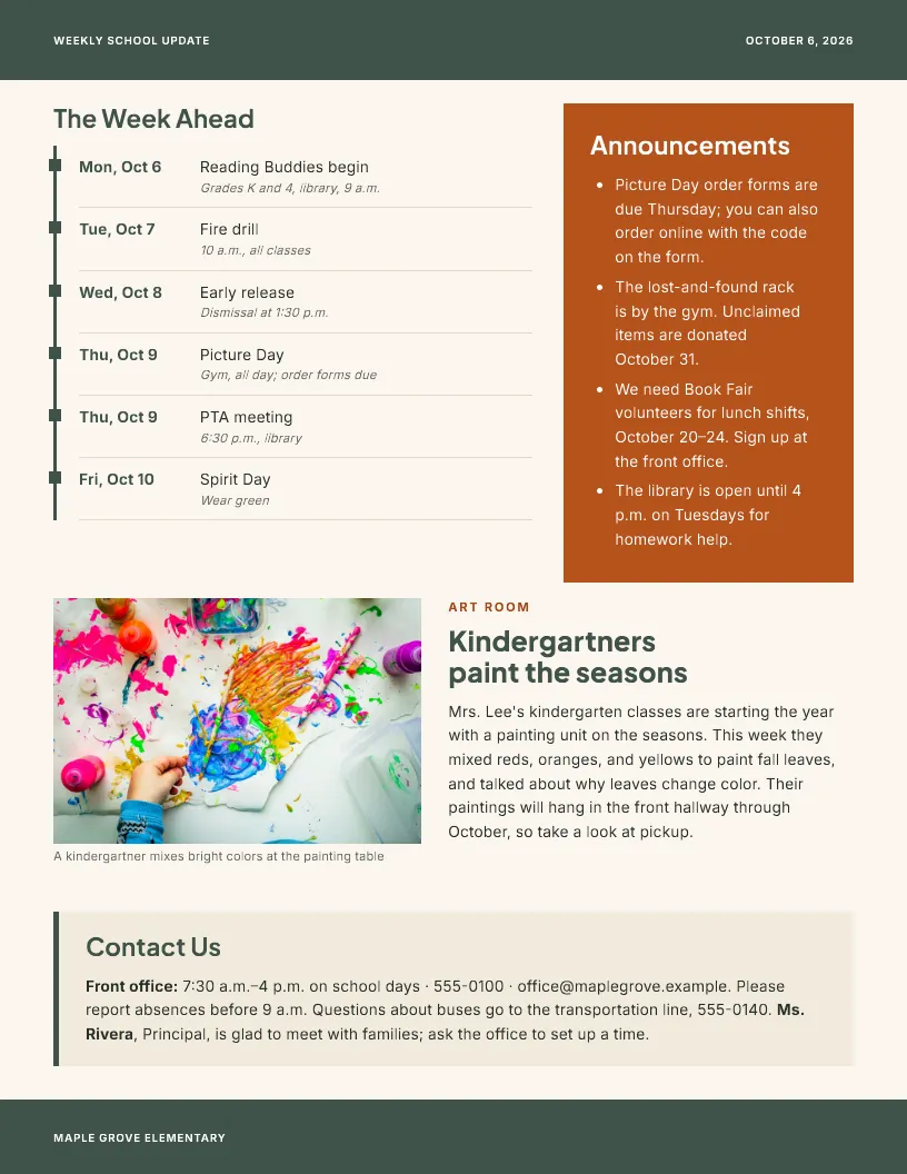 Weekly School Update newsletter template, page 2