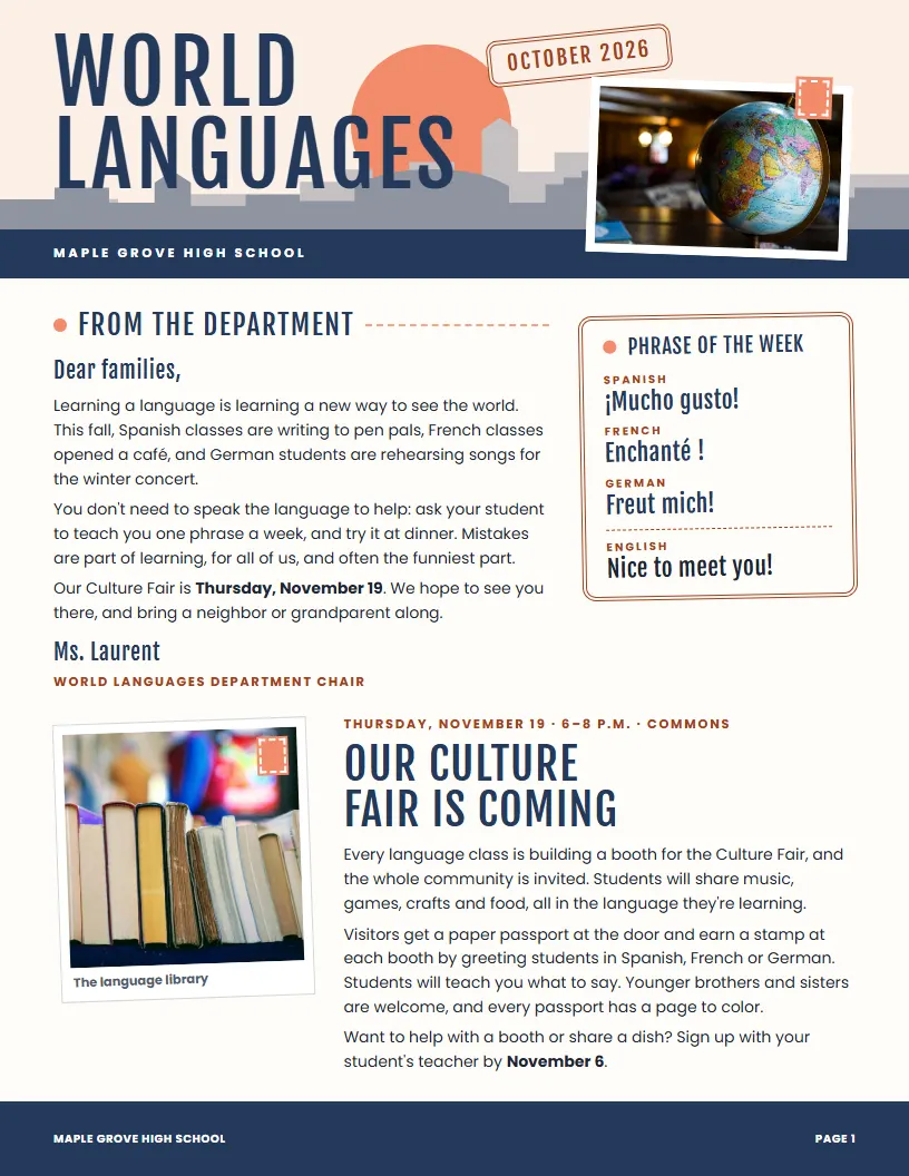 World Languages newsletter template, first page