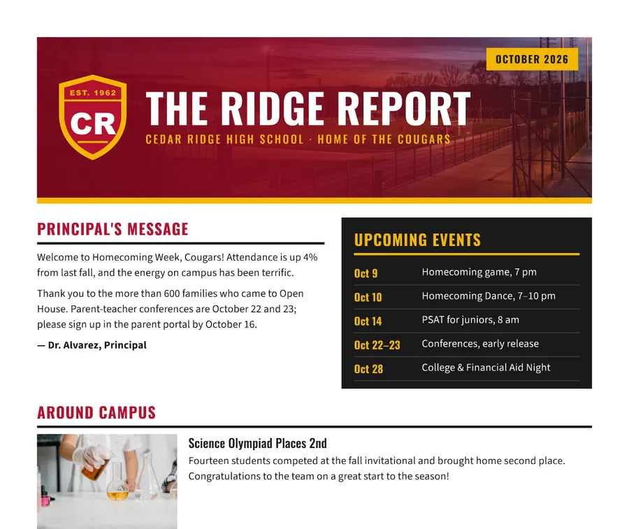 The next issue of The Ridge Report, made by K12 Newsletter in the same design, crest and colors