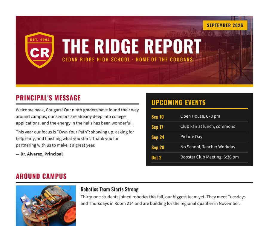 A high school newsletter, The Ridge Report, as it was uploaded: a crimson photo banner with the school crest